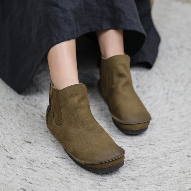 牛皮短靴圆头拼接弹力带平跟复古女鞋休闲女单靴