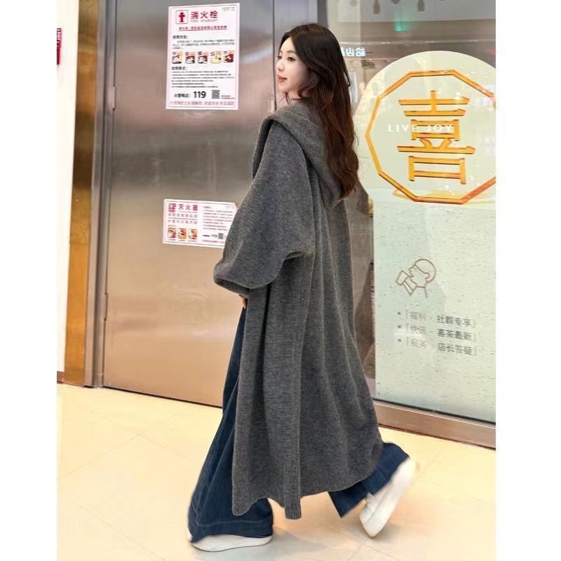【正版原版】春秋慵懒风中长款连帽针织大衣巫师帽毛衣外套