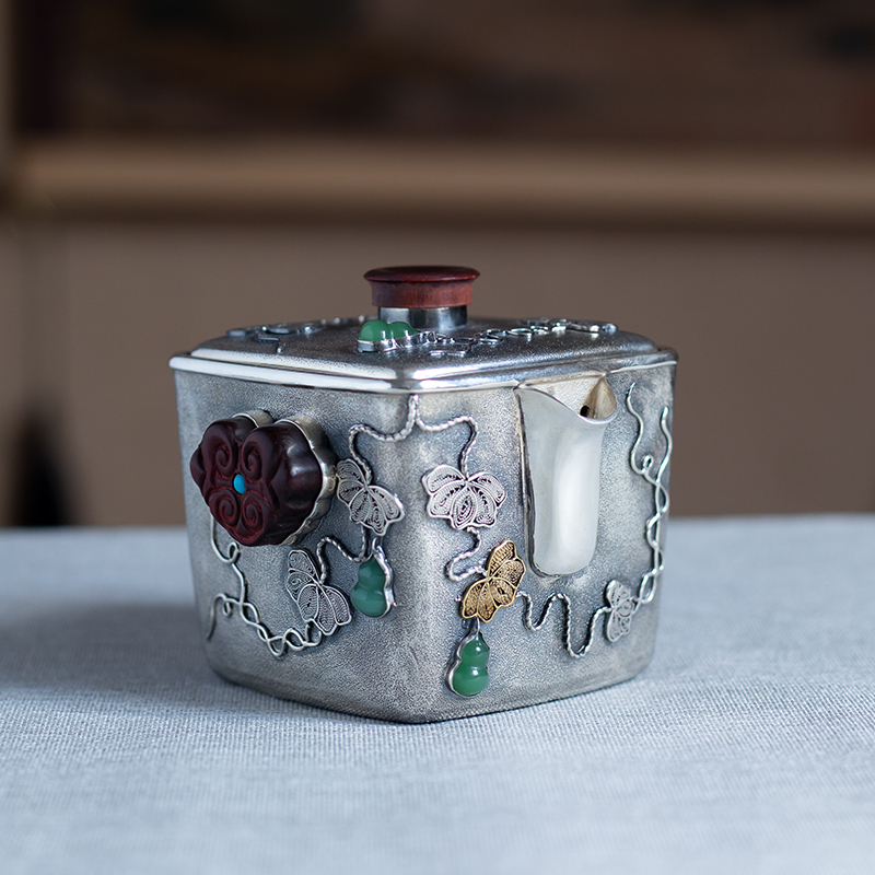 滇庆堂花丝葫芦银茶壶足银999泡茶壶纯手工银茶具手抓盖碗壶家用