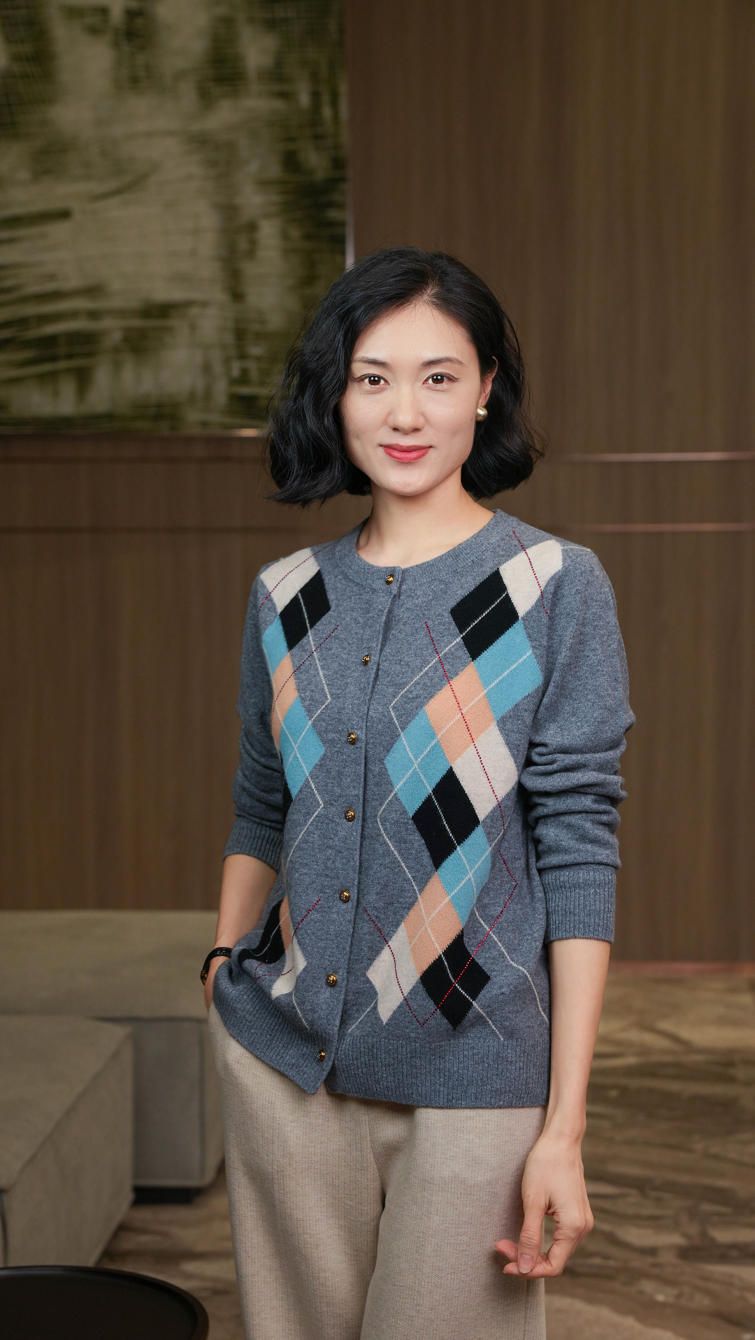 【100羊毛】新款圆领开衫优雅女士格纹提花长袖针织衫-8837