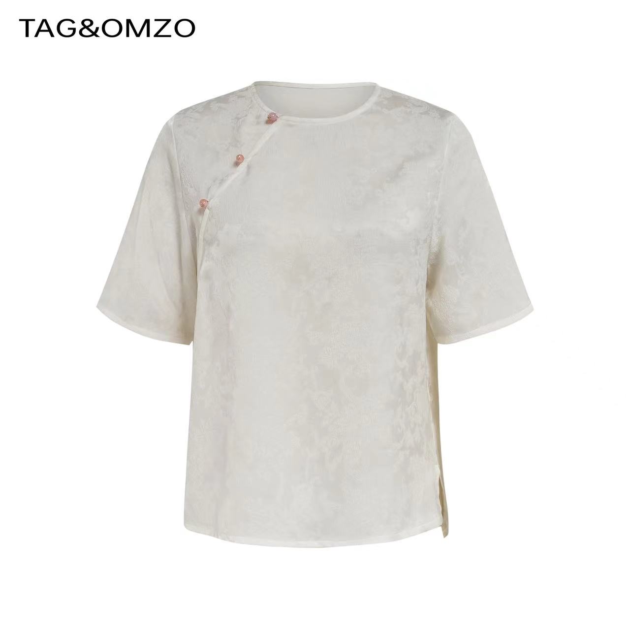TAG&OMZO新中式风格斜襟三扣圆领提花短袖T恤