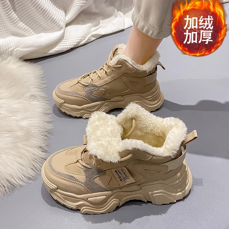 新款全皮时尚百搭厚底加绒高帮系带女款板鞋加厚网红保暖冬鞋ins