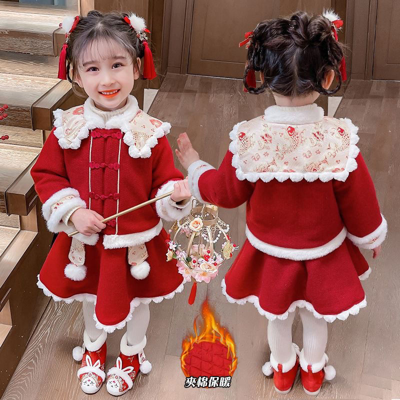 女童拜年服冬装儿童过新年衣服女宝宝周岁礼服汉服套装中国风唐装
