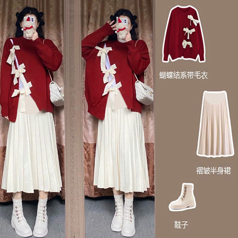【小清家】孕妇装加厚秋冬蝴蝶结新款红色毛衣搭配气质半身裙子两件