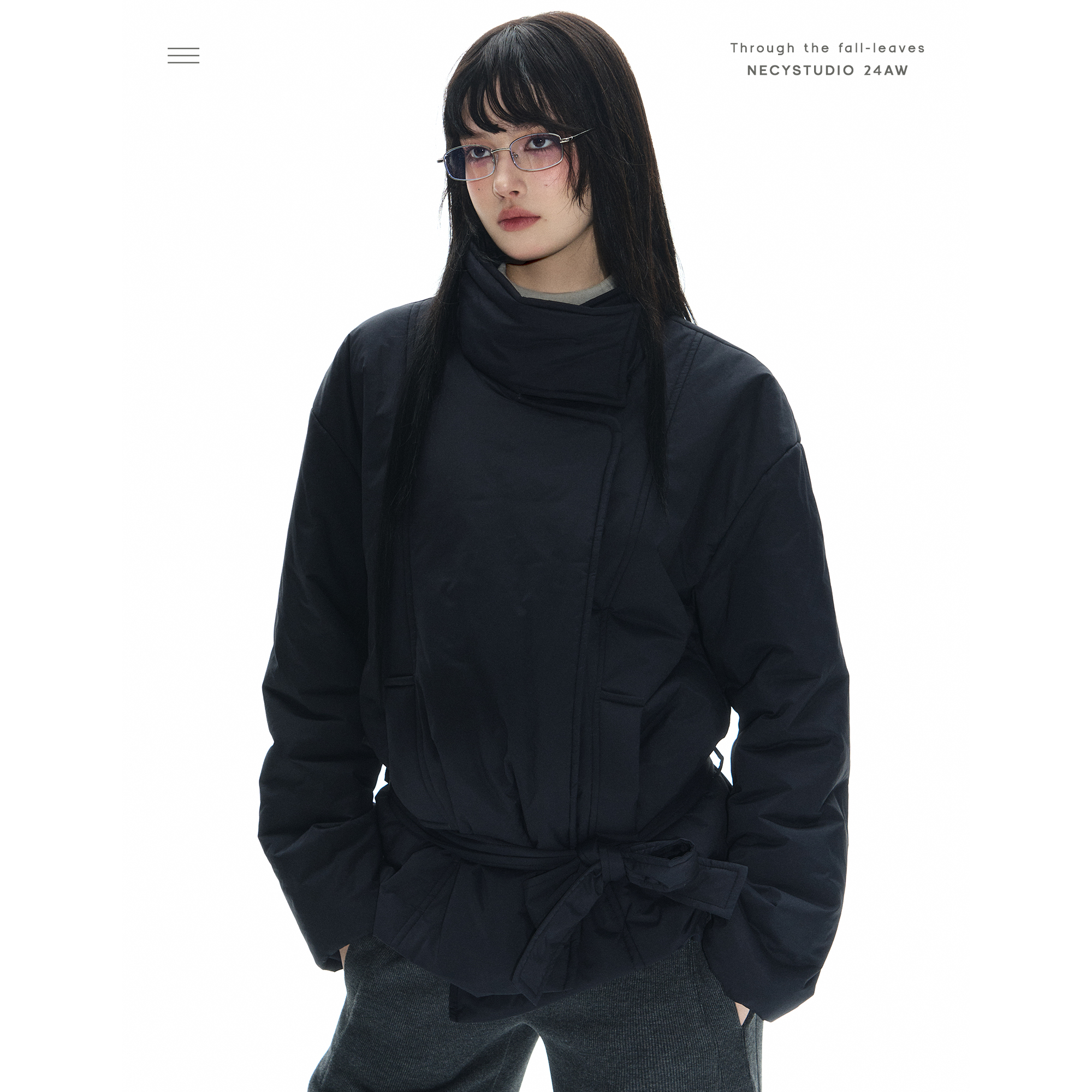 NECY“金敏喜”风立领吸扣下摆绑带大衣棉服