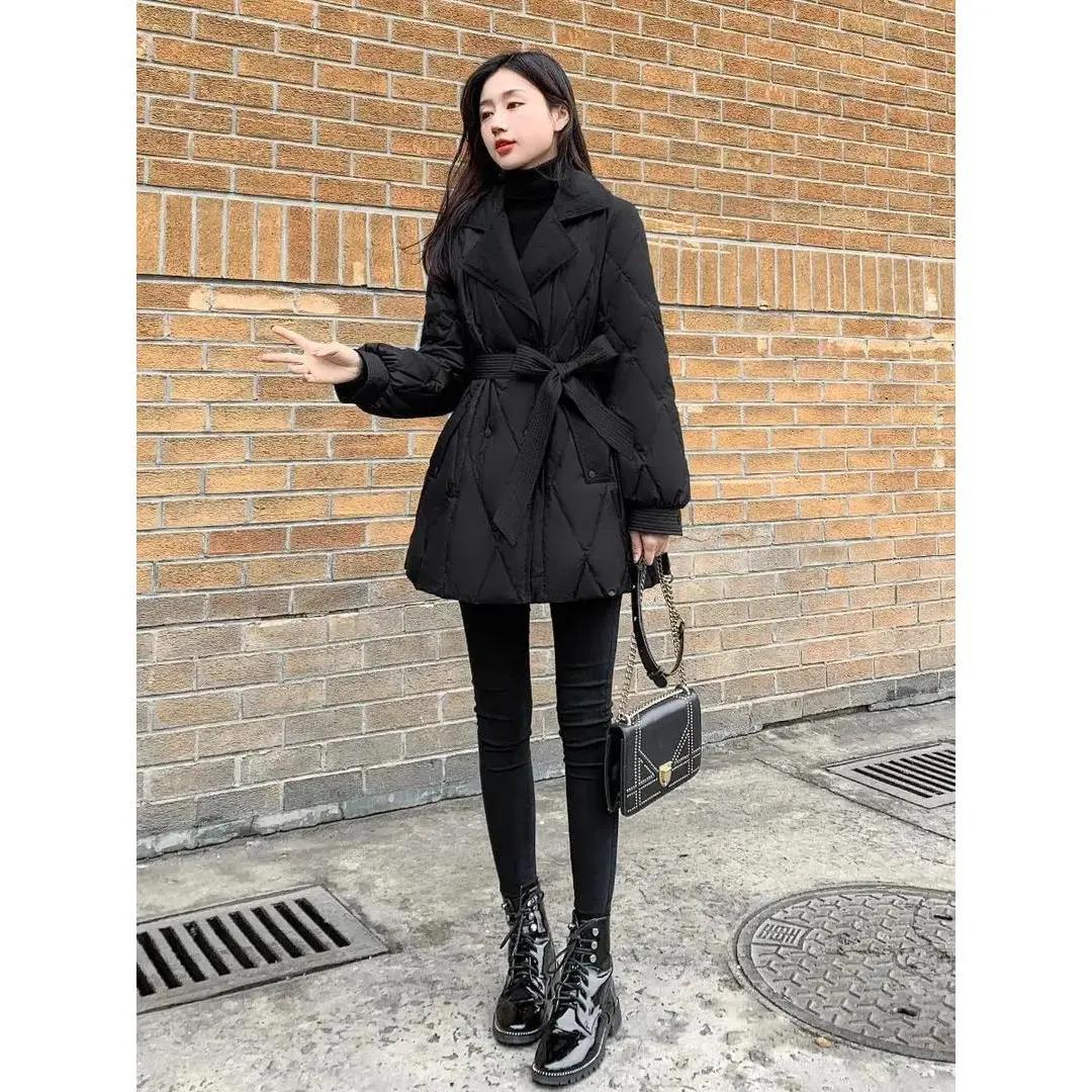 2023新款女装冬修身收腰中长款羽绒羽绒服女黑色显瘦西装领