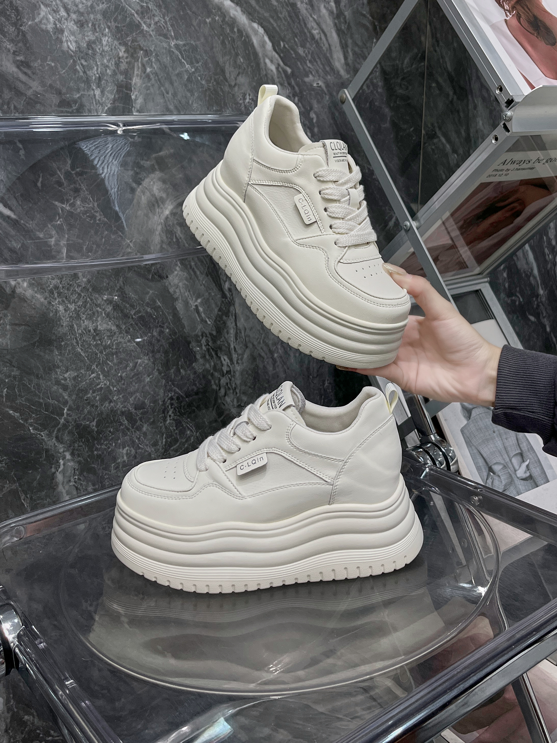 乐尔时尚百搭真皮厚底5+3CM韩版内增高系带透气女鞋