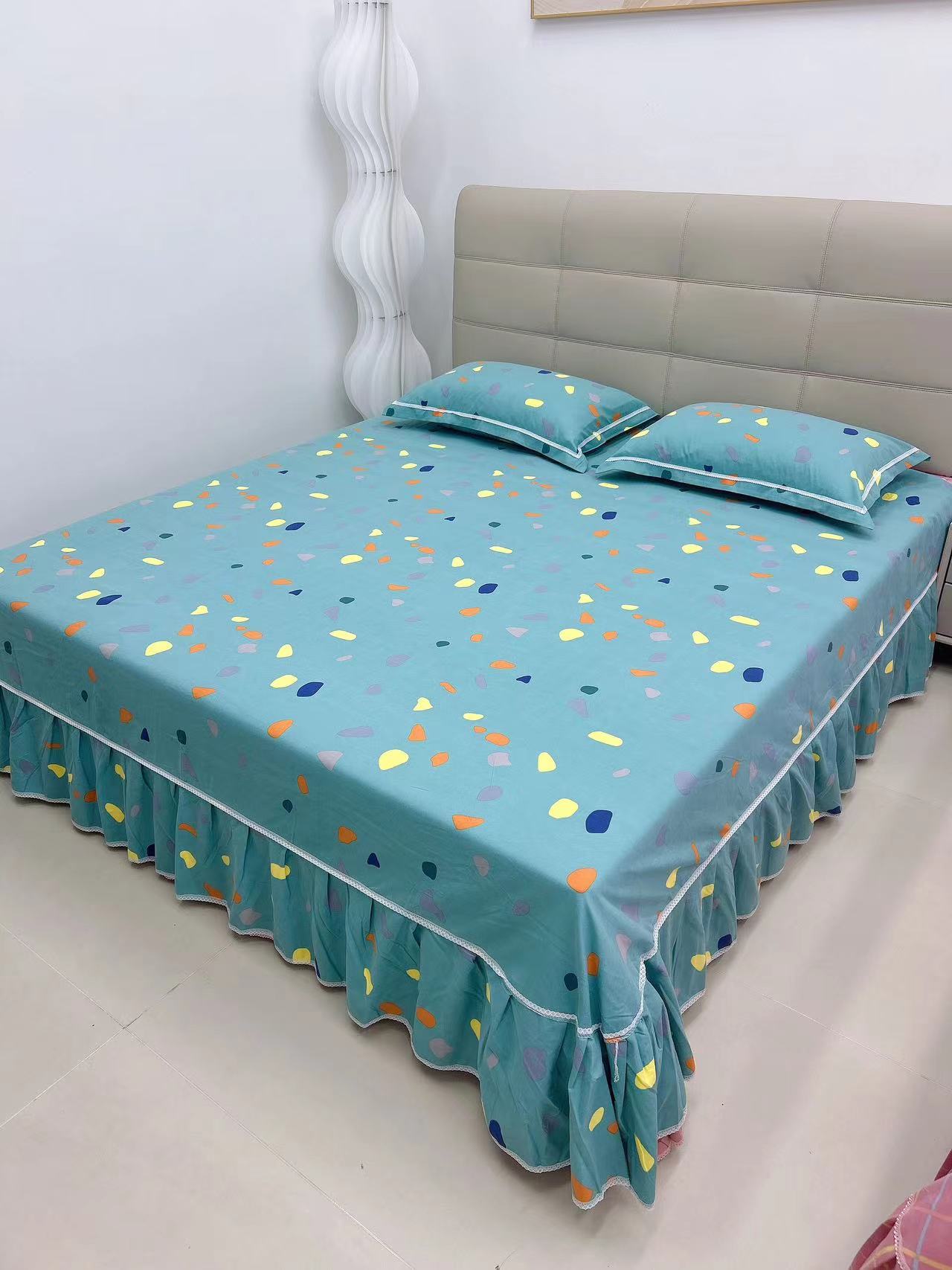 【舒馨】加大加厚暖棉磨毛床裙（五彩缤纷-蓝绿色）