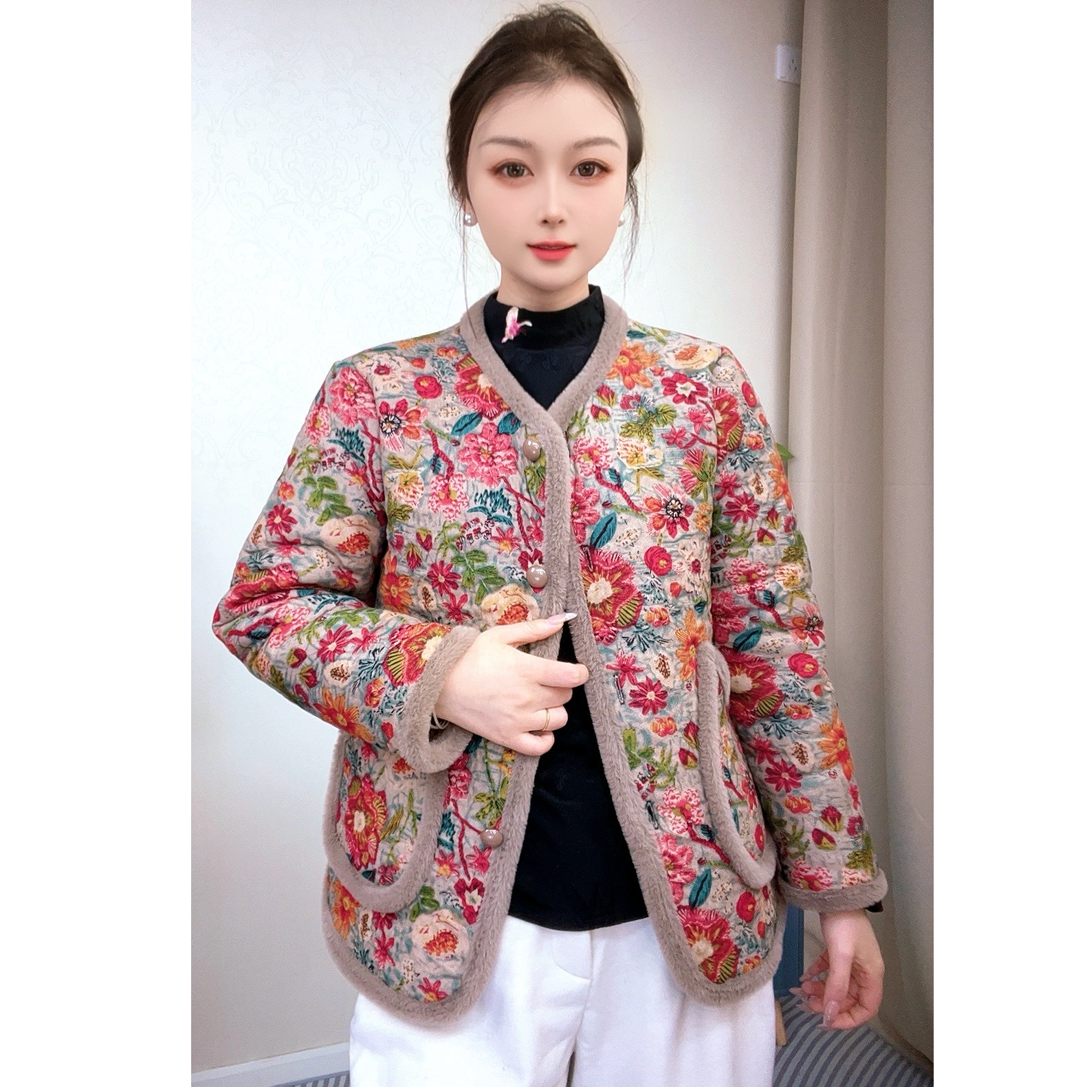 冬季新品加绒加厚新中式碎花棉衣女中老年妈妈装冬天棉服外套