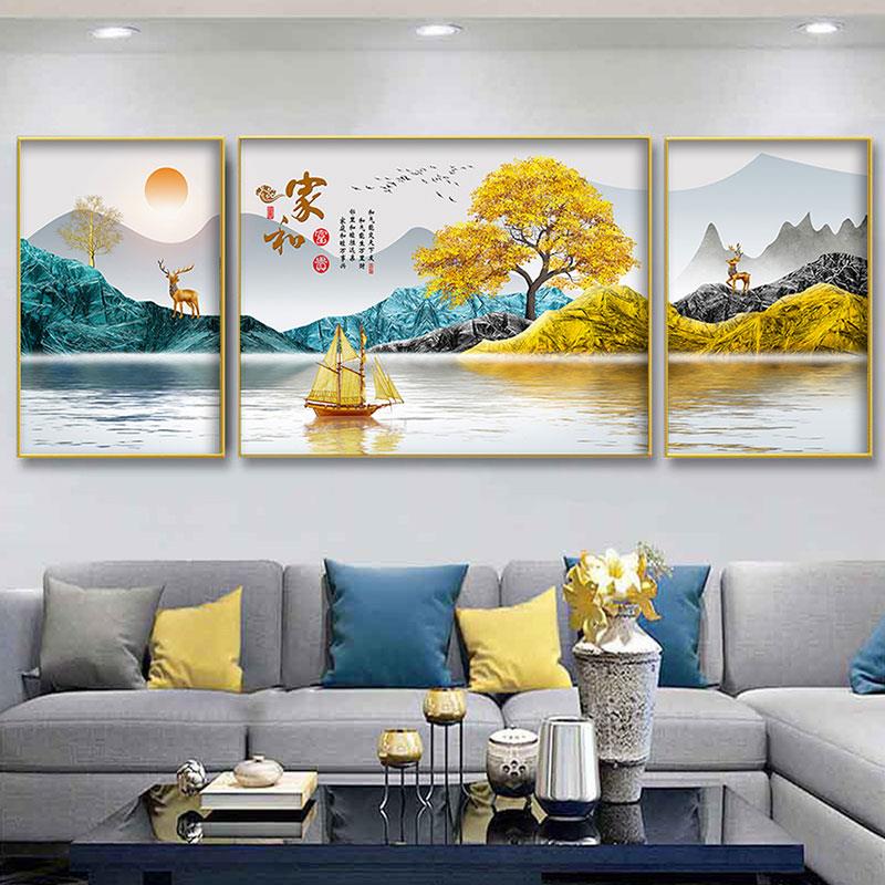 现代简约轻奢三联画新款高档大气客厅装饰画沙发背景墙挂画寓意好