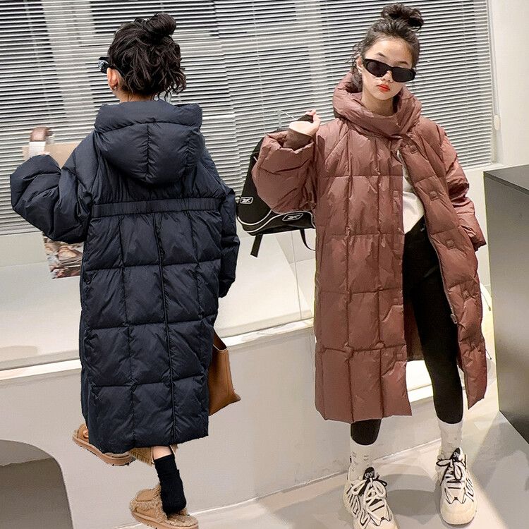 女童冬季长款羽绒服新款儿童韩版加厚连帽外套中大童保暖过膝冬装