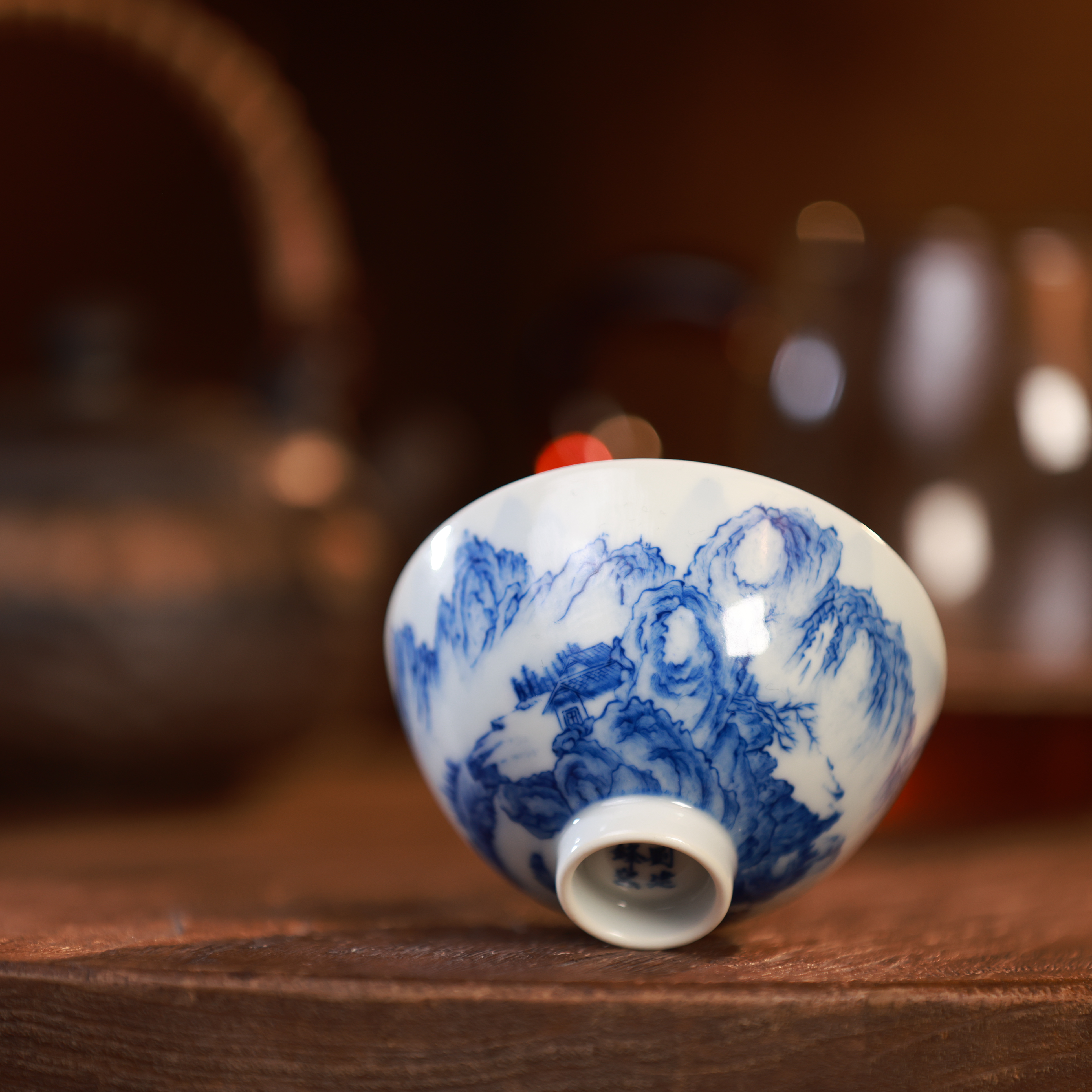 刘建锋窑青花山水鸡心杯纯手工手绘景德镇陶瓷茶器