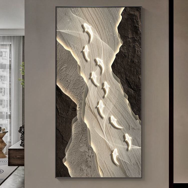 九鱼图玄关装饰画高级感竖版现代轻奢走廊过道挂画入户寓意好壁画