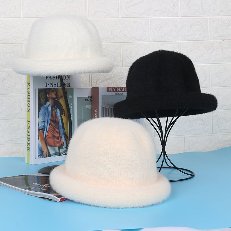 帽子女秋冬加绒防貂毛圆顶礼帽小沿盆帽韩版纯色保暖针织渔夫帽潮