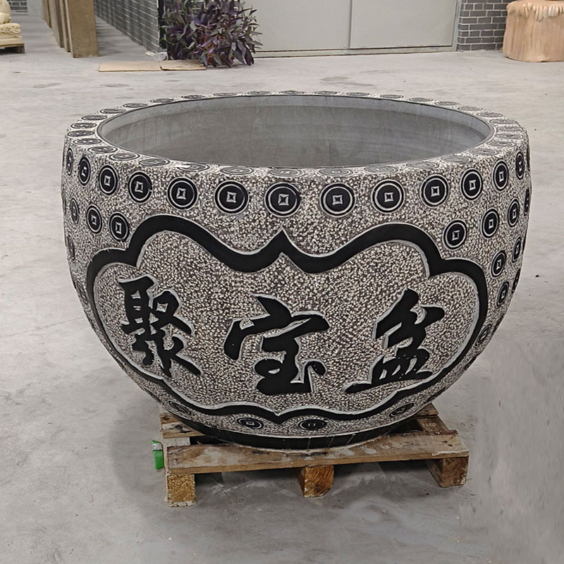 石雕花盆鱼缸仿古做旧天然青石户外庭院流水摆件荷花水缸门海大缸