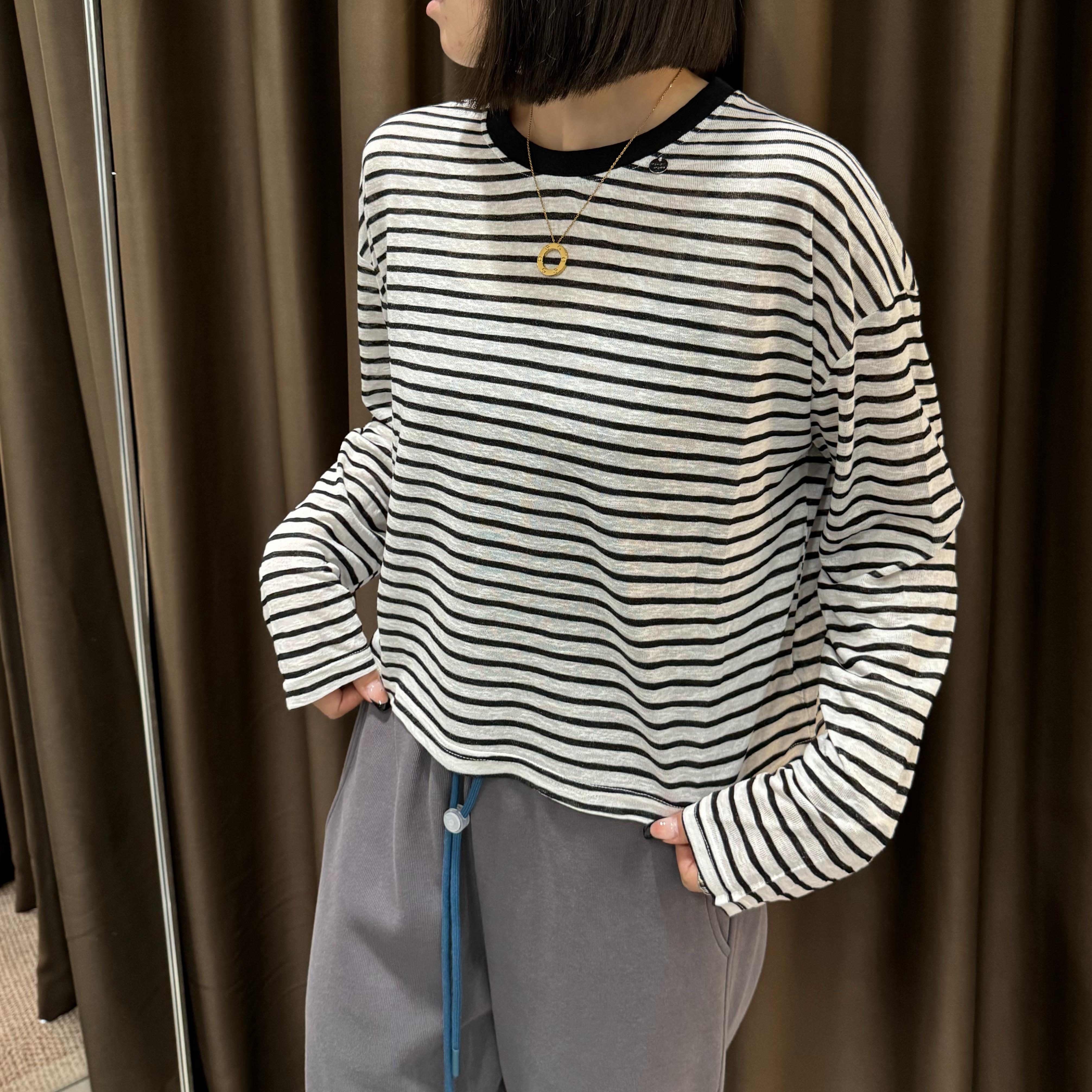 （双双家）十三行新款韩版圆领洋气宽松条纹长袖女上衣LS89631