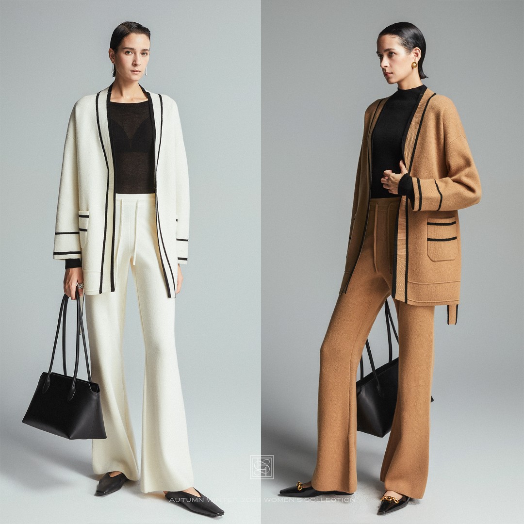 Le Samedi｜秋野曼哈顿  及简篙奢高支拼边开衫空气裤纸片人套装