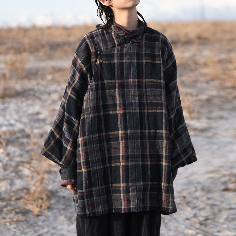 21FW8026格子盘扣棉衣棉服百搭休闲宽松文艺外套