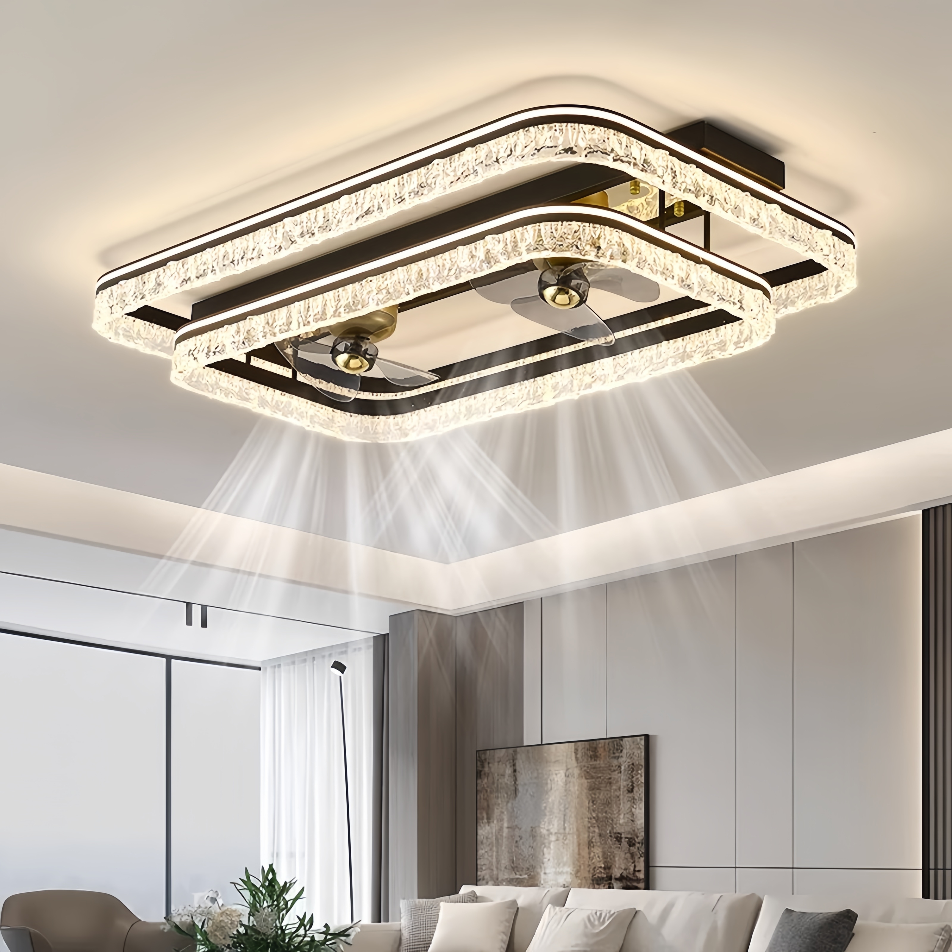 客厅风扇灯意式冰裂纹大气广东中山灯具2024新款360度摇头全屋灯