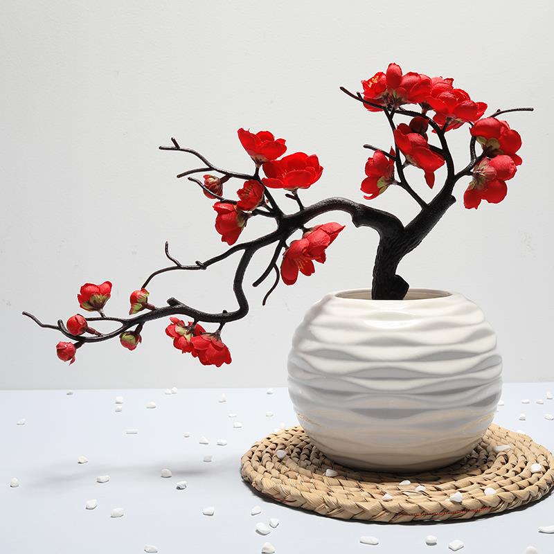 仿真梅花桃花枝摆件客厅干燥花书房装饰中国风家居盆景腊梅假花盆