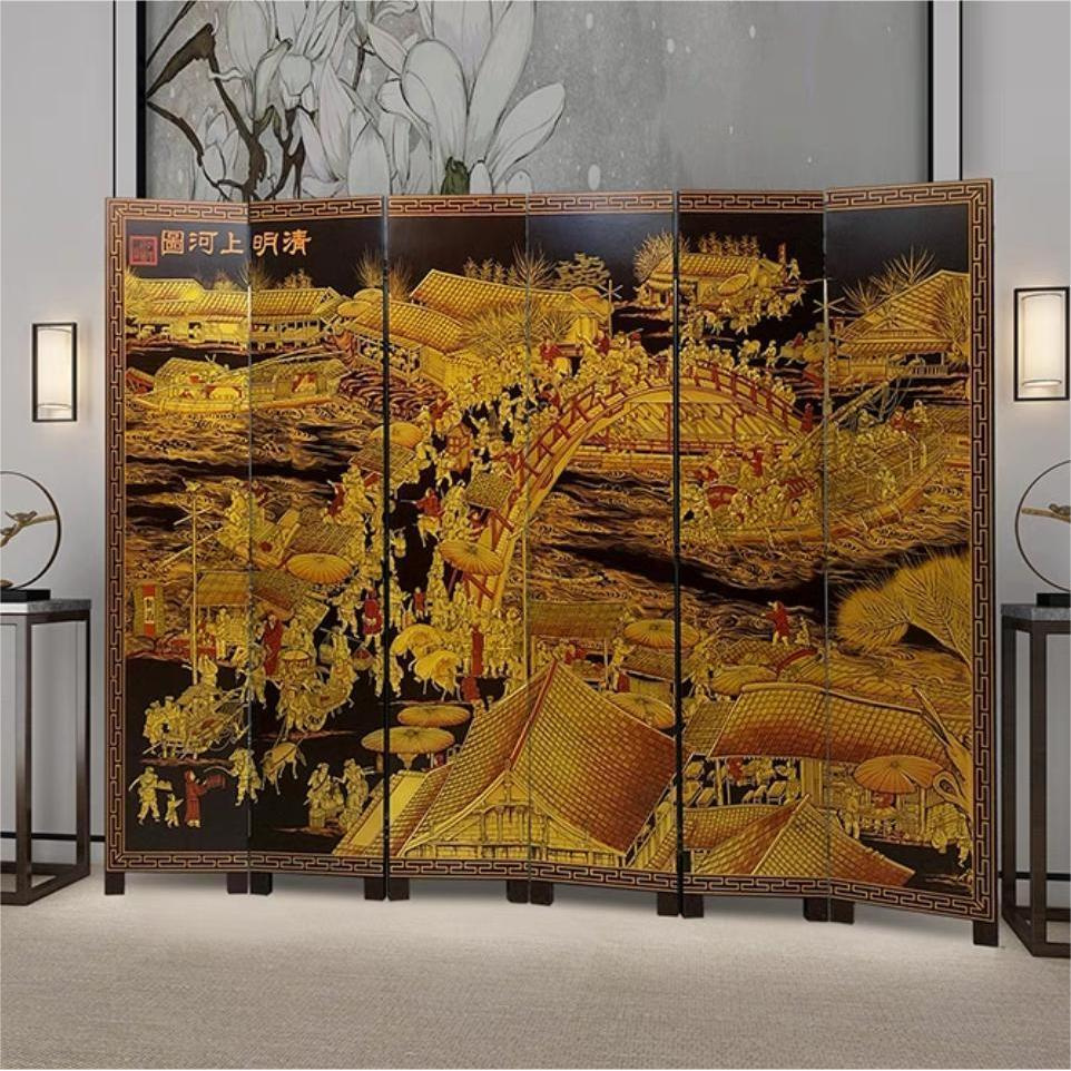 中式国风清明上河图折叠屏风玄关摆件家具