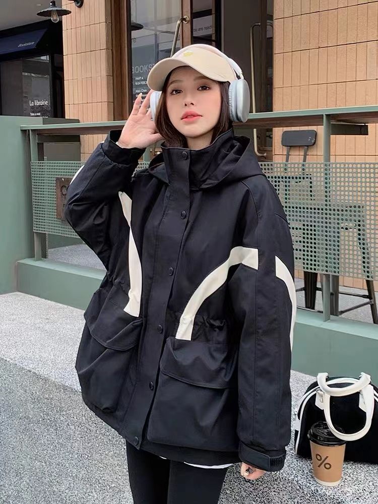 雅鹿白鸭绒羽绒服风衣女外套2023冬宽松连帽工装收腰时尚派克服冲