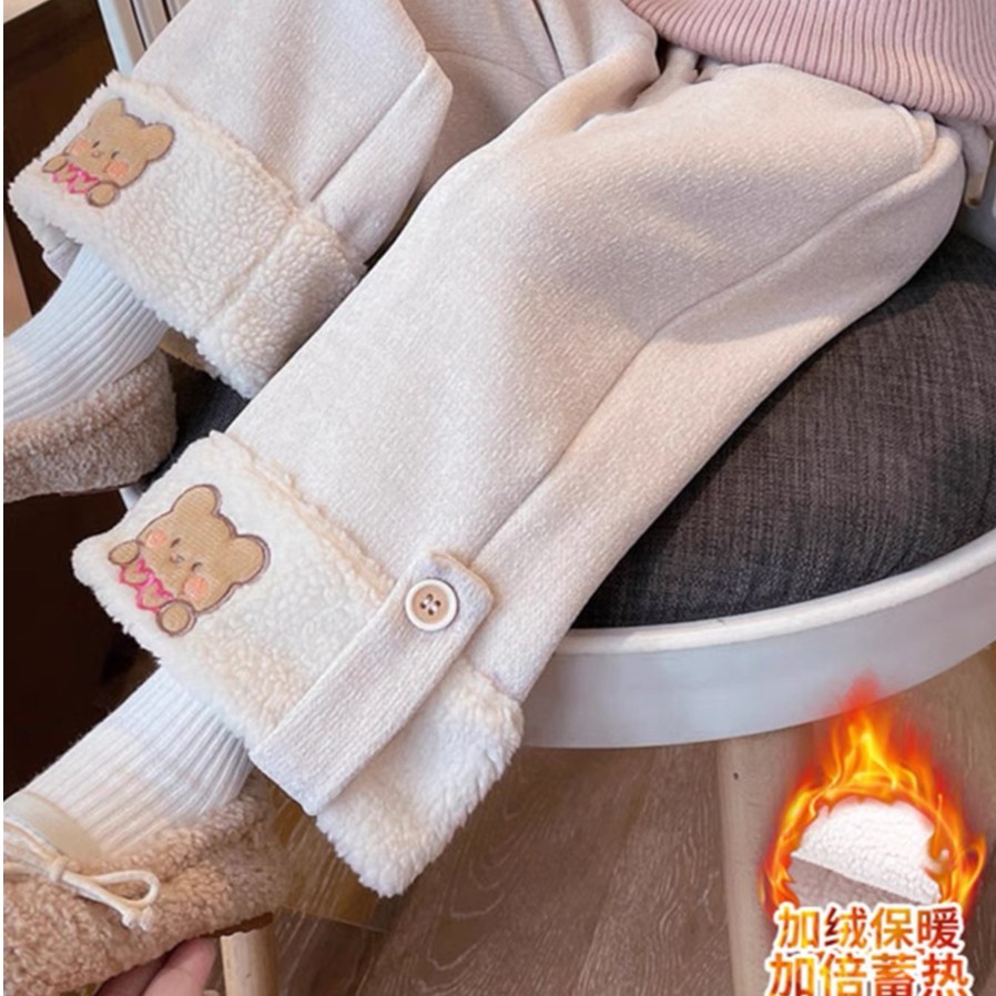 小女孩加绒裤子冬款外穿女宝宝毛毛脚口绣花加厚一体绒休闲裤