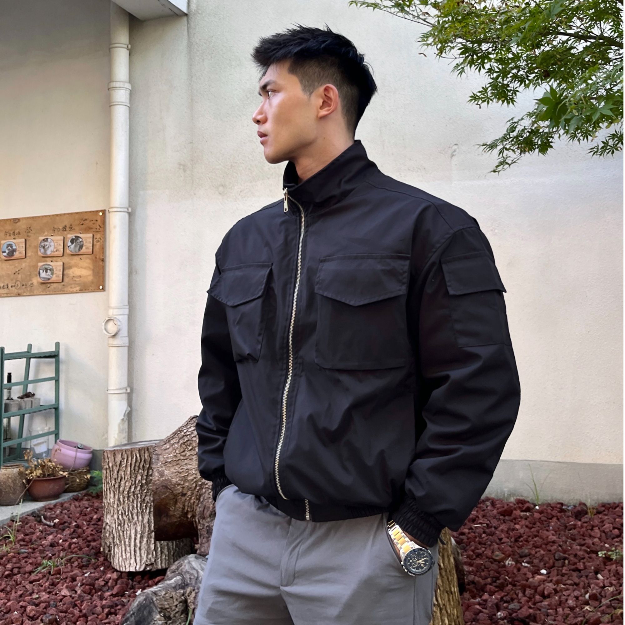 春季款时装立领宽松多口袋设计廓形防风简约男士潮流百搭夹克