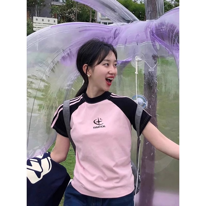 韩版hiphop撞色三条杠字母短袖t恤女夏季宽松气质休闲百搭上衣潮