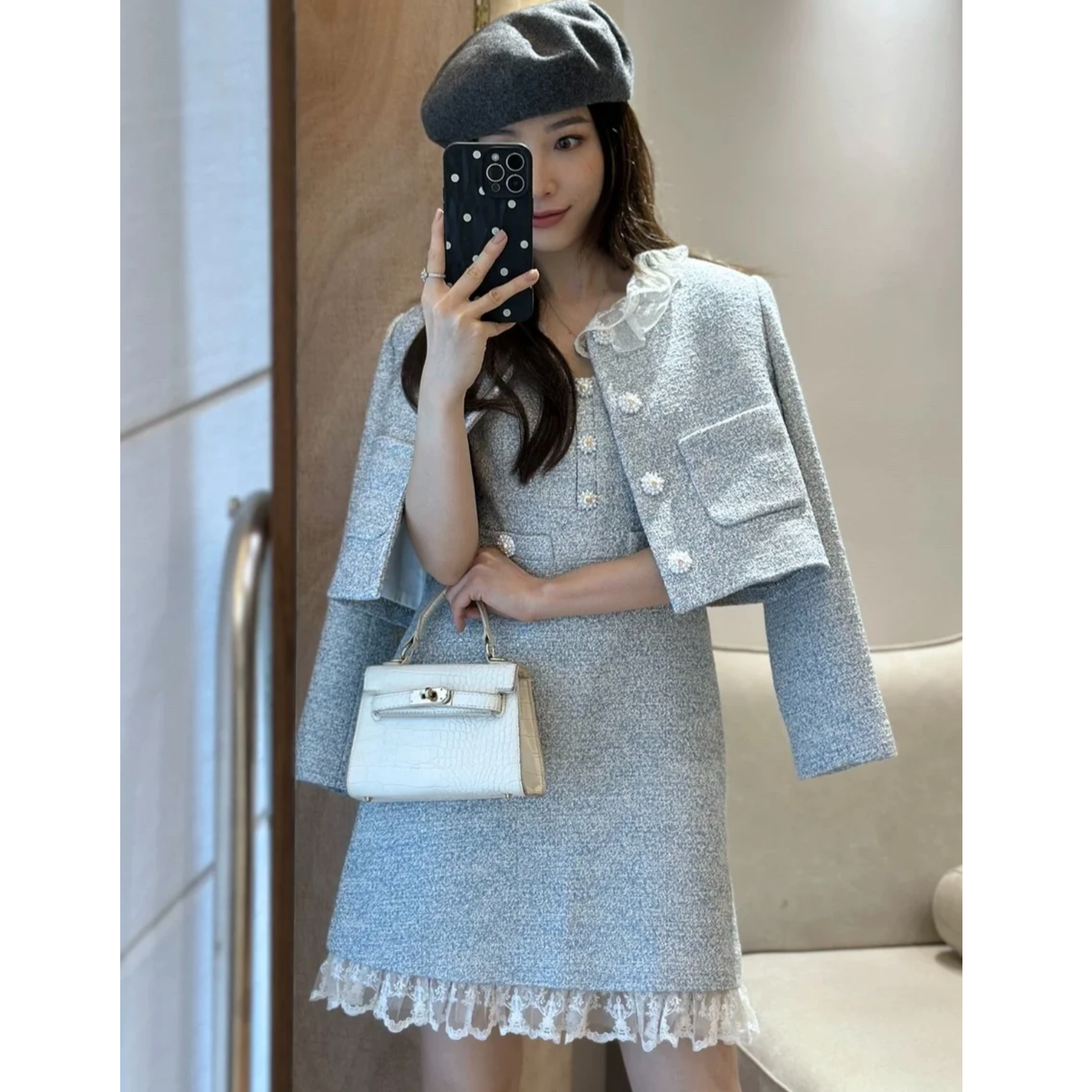 2025秋新款甜美花边领短外套吊带连衣裙优雅气质两件套