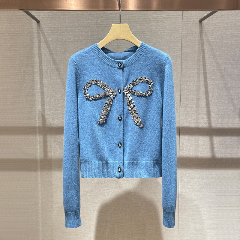 miu系针织衫上衣2025秋季新款重工钉珠亮片蝴蝶结毛衣女开衫外套