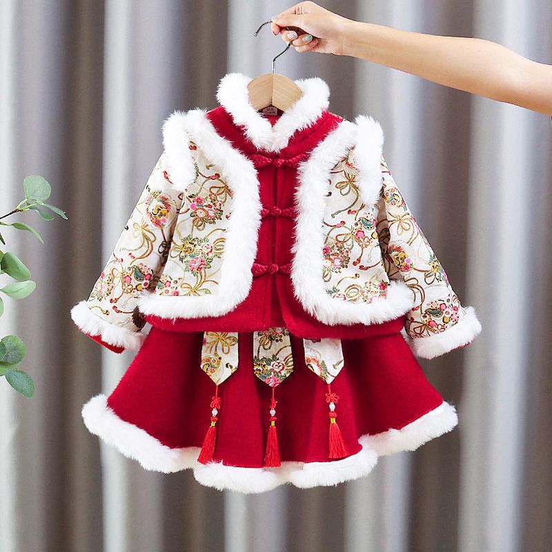 汉服新款女童冬季新年衣服儿童中国加绒唐装加厚过年宝宝拜年套装