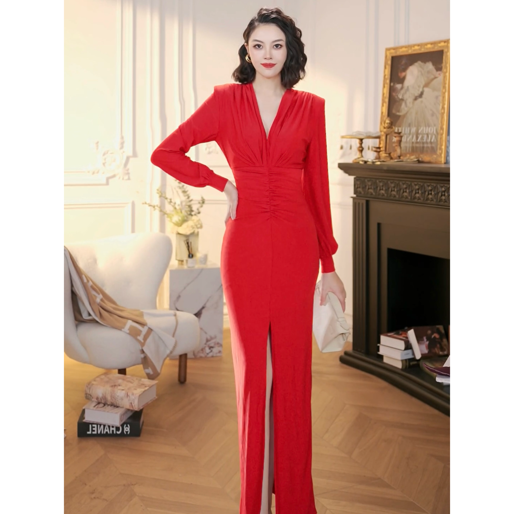 XUANYAN 纯色水晶麻沙红色优雅风气质显瘦皱褶连衣裙开叉长款名媛