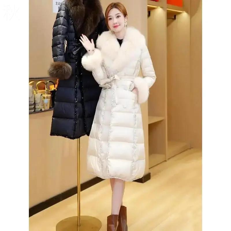 秋季羽绒服女中长款2023新款冬季加厚修身显瘦白鸭绒大毛领外套女