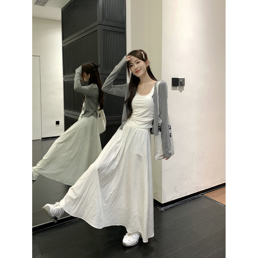 法式韩系长袖开衫打底吊带背心白色长裙女春秋新款时尚三件套装潮