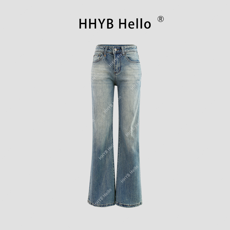 HHYB Hello百搭水洗蓝做旧蓝色休闲中腰窄版直筒牛仔裤 Q244316