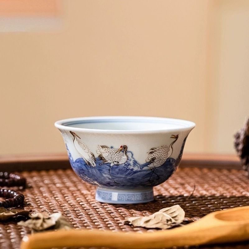 景德镇七丞堂仿古泥青花海水仙鹤陶瓷纯手工小缸杯主人杯家用茶具