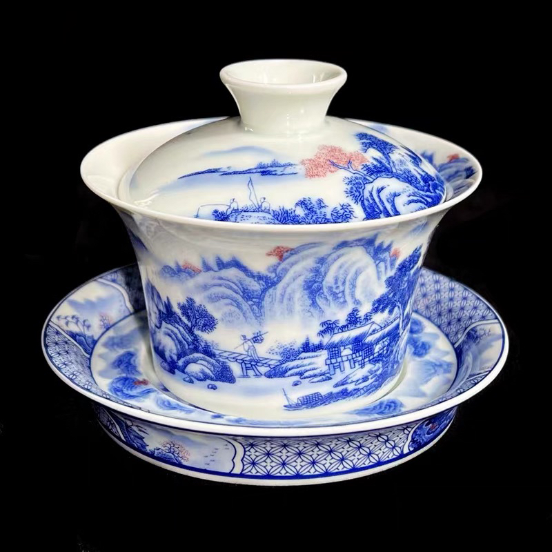 景德镇青花陶瓷富春山居图马蹄大容量平底茶壶盖碗高端三才泡茶杯