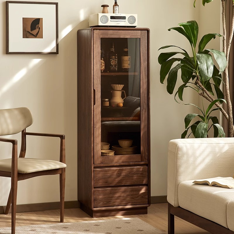 北美黑胡桃木酒柜北欧简约实木立柜家用客厅玻璃展示储物柜