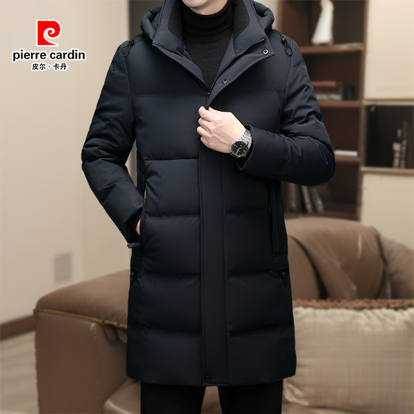 皮尔卡丹90白鸭绒羽绒服中长款连帽加厚保暖防风男士外套中年爸爸