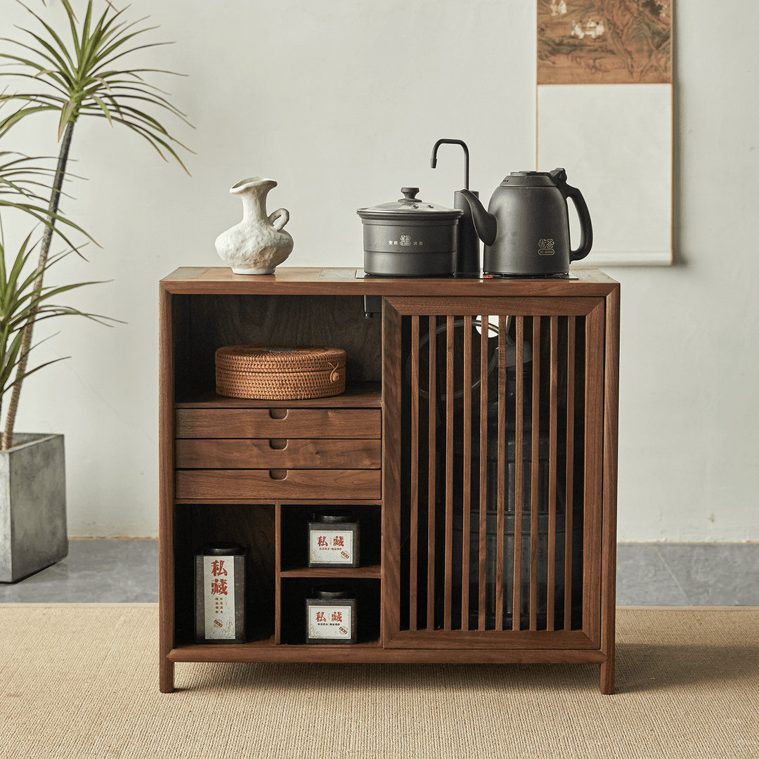 无品牌新中式移动茶水柜黑胡桃木烧水柜茶边柜实木置物柜收纳柜