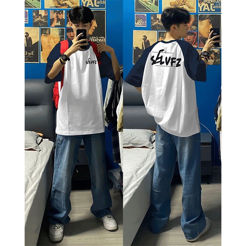 高街设计感字母重磅纯棉短袖t恤男款夏季美式潮牌撞色半袖上衣服
