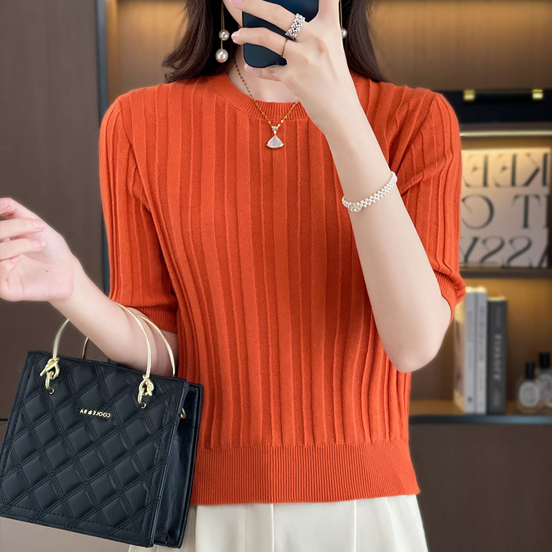 薄款精纺纯棉100%修身高腰短款弹力衫短袖夏季圆领女士套头打底衫