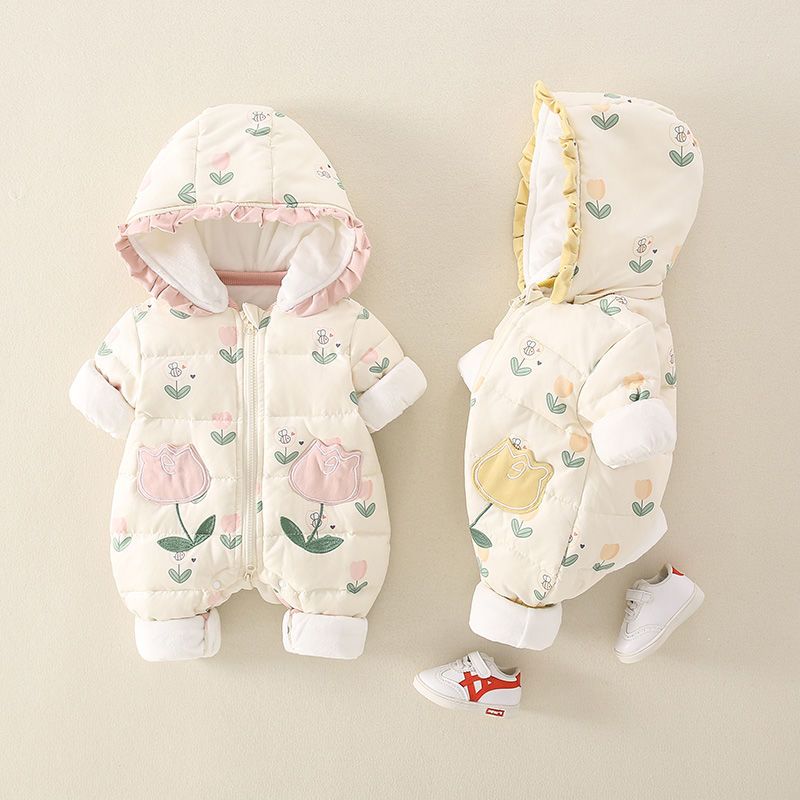 婴儿连体衣羽绒服冬装女宝宝衣服秋冬套装可爱幼儿外出服抱衣加厚