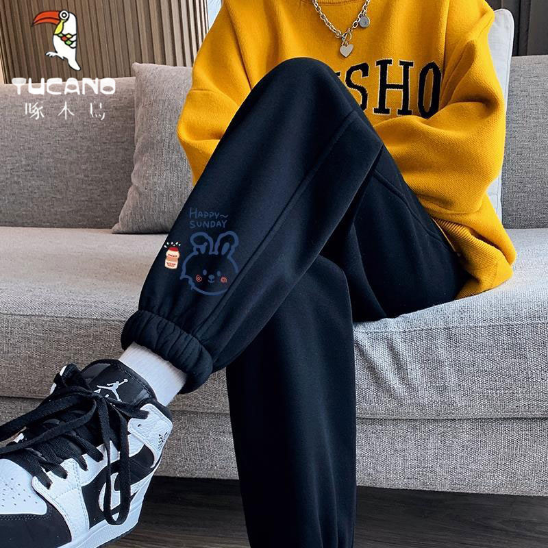 啄木鸟秋冬新款运动裤女宽松束脚显瘦时尚潮流加绒加厚保暖休闲裤