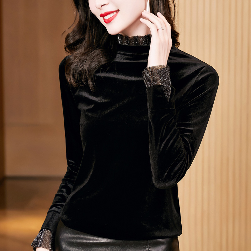 萱文姿金丝绒打底衫女秋冬2023新款洋气小衫内搭半高领T恤上衣