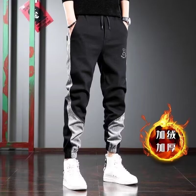 港风简约束脚加绒潮流牛仔裤秋季拼接渐变牛仔裤ins男士休闲百搭