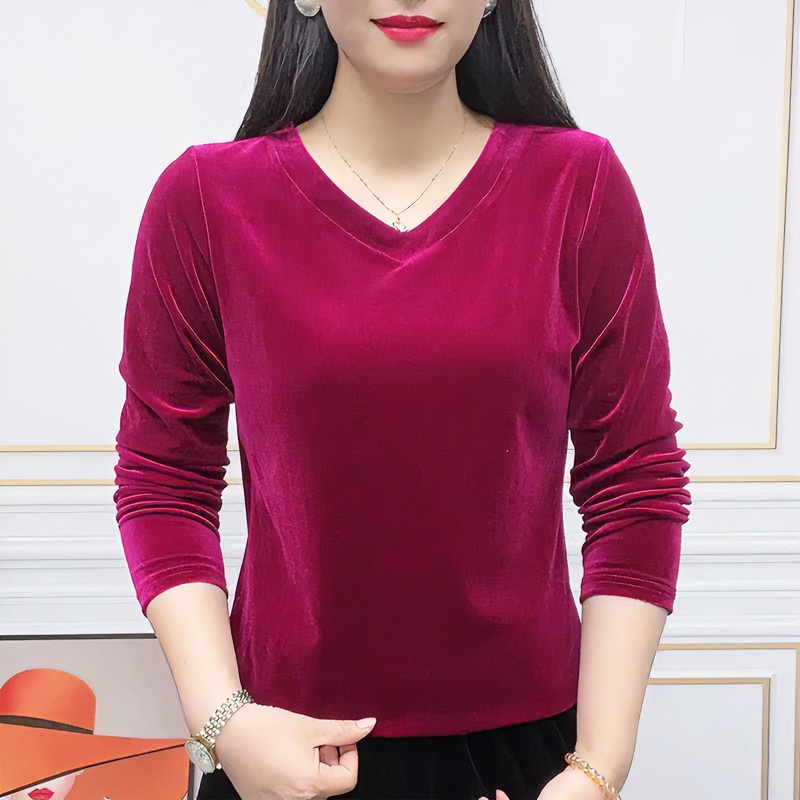 新款V领套头洋气气质打底衫遮肚显瘦百搭丝绒长袖上衣妈妈打底衫