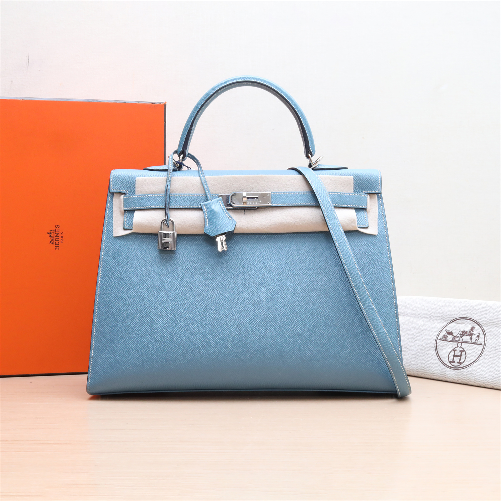 99新 Hermes/爱马仕 小花Jerry P234655402 手提包35 牛仔蓝 框N