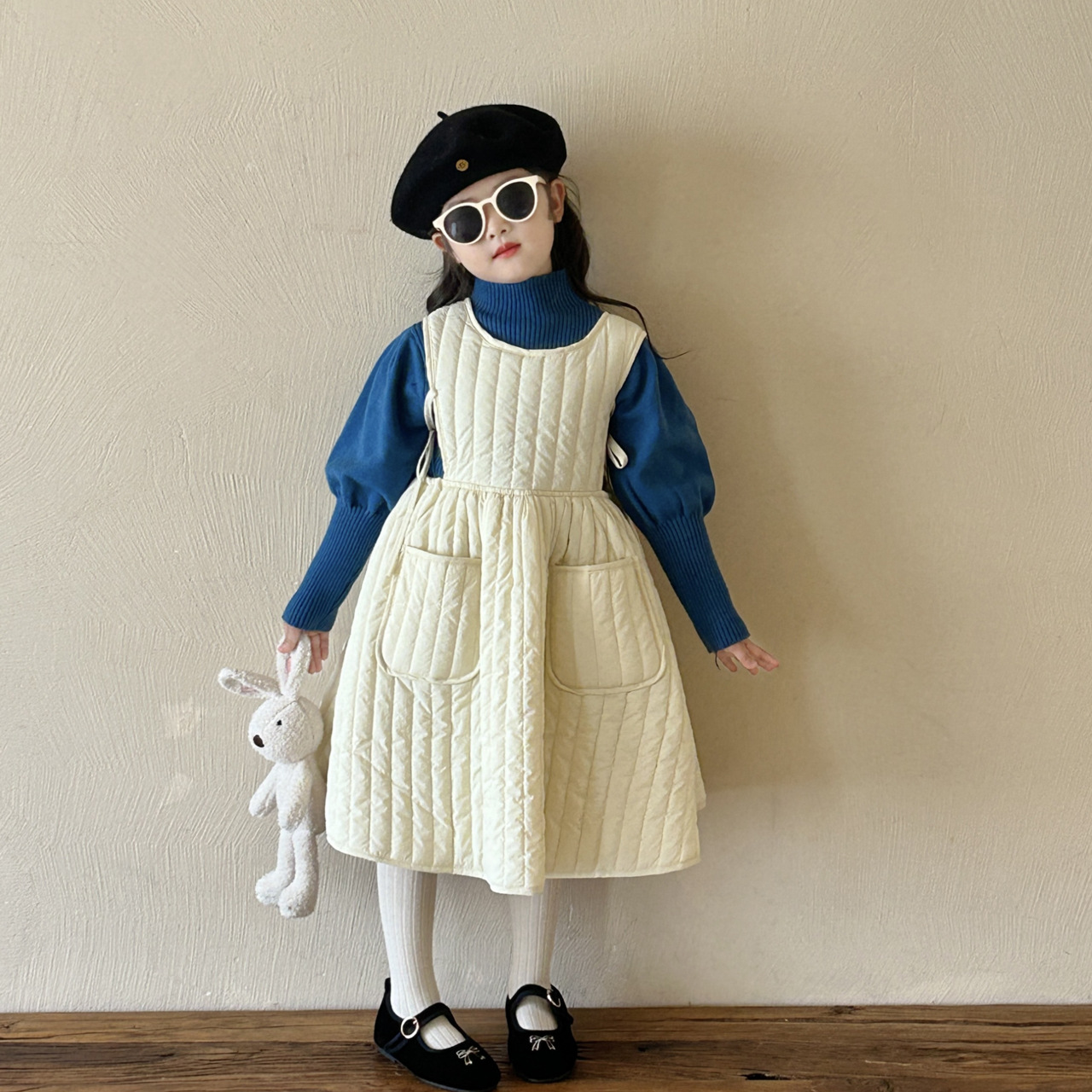 空空子.Studio【蓝色奶霜】2025秋冬季韩版女童加厚夹棉背心裙套装